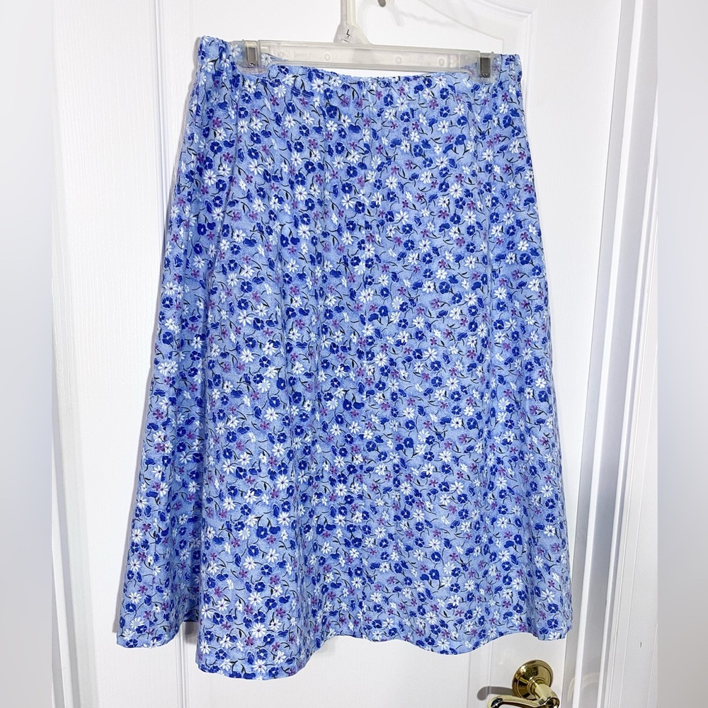Vintage Handmade Floral A-Line Midi Skirt Blue White Size Medium